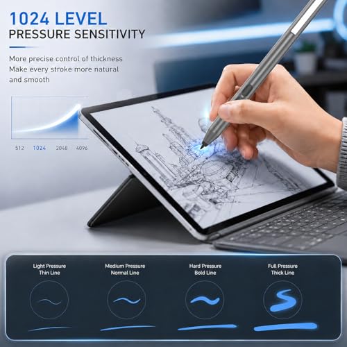 Pen for Surface Pro 11/10/9/8/X, Surface Laptop/Book/Go/Studio, Kobo | Palm Rejection, 1024 Pressure, 2500H Battery Life Active Stylus Pencil for Student Note-Taking & Artist Business Drawing - color: Grey