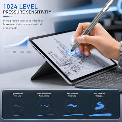 Pen for Surface Pro 11/10/9/8/X, Surface Laptop/Book/Go/Studio, Kobo | Palm Rejection, 1024 Pressure, 2500H Battery Life Active Stylus Pencil for Student Note-Taking & Artist Business Drawing - color: Grey