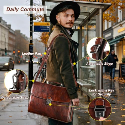 Banuce Italian Full Grain Leather Briefcase for Men Fits 15.6 inch Laptop | Travel-friendly Luggage Strap,15.6 inch Lawyer Briefcase,Anti-Theft Key Lock,Expandable,Detachable Strap,Work,Business Travel