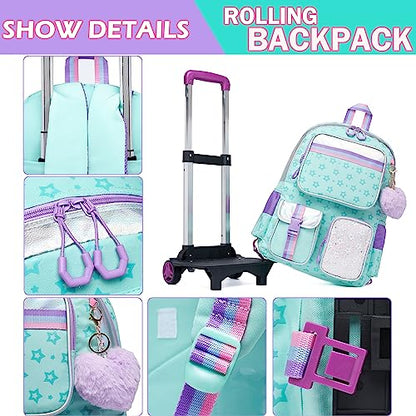 Meetbelify Rolling Backpack with Wheels - Cute Carry On Backpack with Lunch Box Pencil Case for Elementary Student to Teen Girls - 8-10 Years - color: Star Green