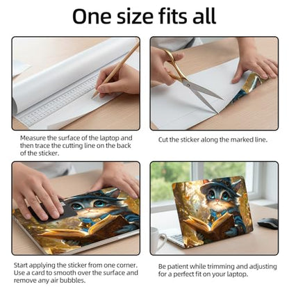 Aesthetic Laptop Skin Sticker, Little Mage Cat Reading in Woods Waterproof Vinyl Laptop Decal, Removable Bubble Free, Reusable Protective Cover for 13 14 15 15.6 Inch - color: Little Mage Cat Reading in Woods