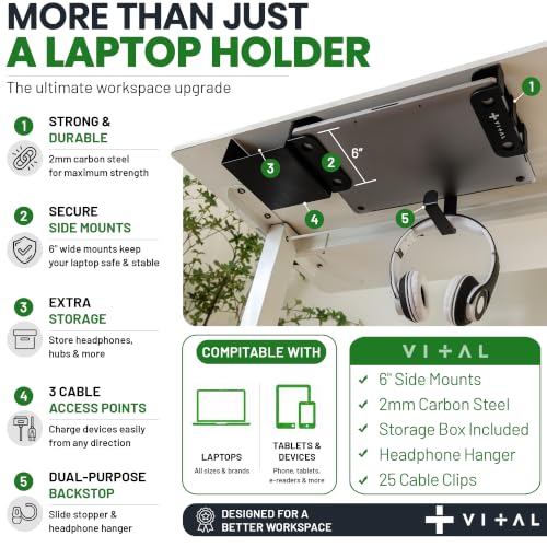 VI+AL Under Desk Laptop Mount - Hidden Metal Shelf with Side Storage, Hook & Cable Organizer - Installs with Tape & Screws - Fits Devices up to 1.7" Thick - Deluxe - style: Deluxe