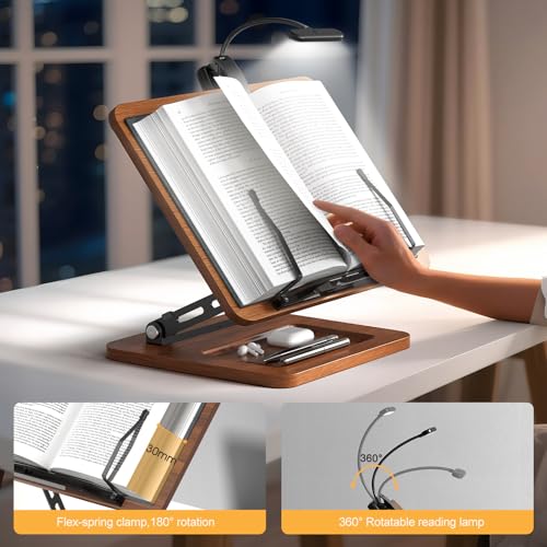 OPTIXCELL Book Stand with Light, Hands Free Book Holder, Gifts Book Lovers | Hands Free, Adjustable Height Angle, Built-in Storage Tray, 3-Mode Reading Light, Foldable Metal Frame, Fits Cookbook Tablet - style: Book Stand (Light)