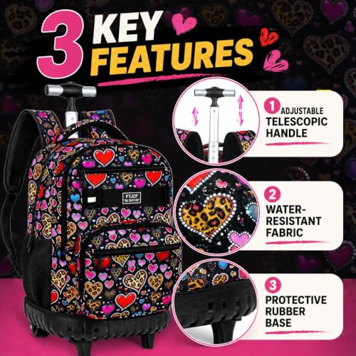 3Pcs Rolling Backpack for Girls, 19 Inche Women Roller Bag with Wheels for Adults, Wheeled Bookbag with Lunch Box(Brown) - color: Leopard Heart