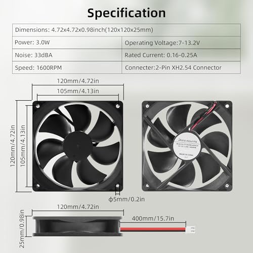 12V DC 120mm 120x120x25mm Cooling Fan 2Pin 2Wire 1600RPM 2-Pack | Durable 2-Pin XH2.54 Connector Easy to Install Versatile for Computer PSU RV Refrigerator Amplifier - size: 120x25mm