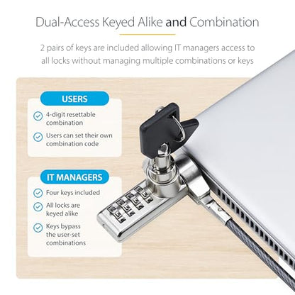 StarTech 10-Pack Dual-Access Laptop Lock, TAA | 6.6ft (2m) Keyed Alike and Combination Security Cable Lock for K-Slot Devices, DUALKA10-LAPTOP-LOCK - size: K-Slot/T-Bar, style: Dual: Like Keyed & Resettable Combination