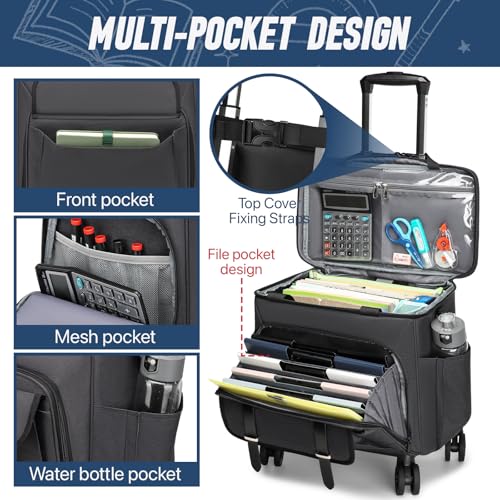 RUCYEN Rolling Teacher Tote Bag for Women Men,Large Tote Bag With Detachable Wheels Trolley,15.6 Inch Laptop Wheeled Teacher Bag for Work Office - color: Black