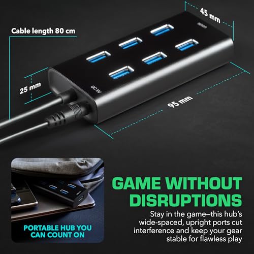 Rebuff Reality 7 Port USB Hub USB 3.0 Dongle Hub for Gaming | Wireless Interference Reduction for Gaming, Stable Connection, Lag-Free Mouse Keyboard Headset for PC, Mac, Xbox, PlayStation - size: 7-PORT