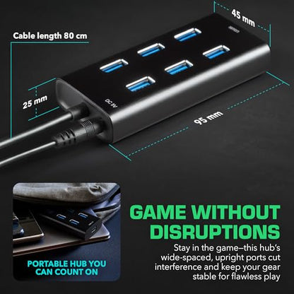 Rebuff Reality 7 Port USB Hub USB 3.0 Dongle Hub for Gaming | Wireless Interference Reduction for Gaming, Stable Connection, Lag-Free Mouse Keyboard Headset for PC, Mac, Xbox, PlayStation - size: 7-PORT