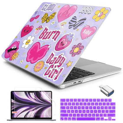 Batianda LumiArt Case for MacBook Air 13.6" M2-M5 Chip, Y2K Sticker | 4-in-1 set with cute fun Y2K sticker design, ultra slim hard shell protection for girls, teens, students and fun style lovers - color: Y2K Pink Collage