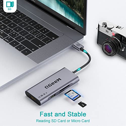 QGeeM 7 in 1 USB 3.0 Data Hub Adapter in Aluminum Dongle with USB to HDMI Adapter 1080p Output,3 USB Ports,USB-C Data Port,SD/Micro Card Reader, Compatible with Windows, Mac, Android
