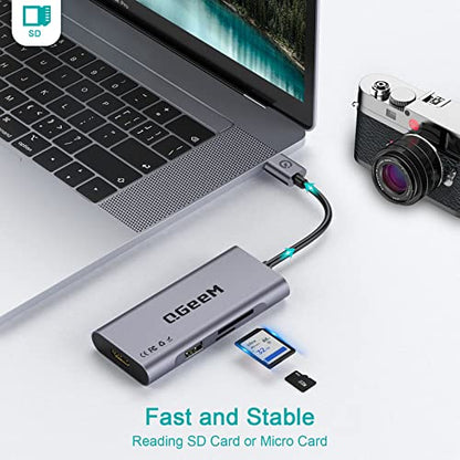 QGeeM 7 in 1 USB 3.0 Data Hub Adapter in Aluminum Dongle with USB to HDMI Adapter 1080p Output,3 USB Ports,USB-C Data Port,SD/Micro Card Reader, Compatible with Windows, Mac, Android