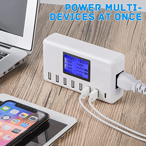 60W 12A 8-Port USB Charging Station - Multi Port USB Hub Charger with LCD Display - Compatible with iPhone, iPad, Samsung, Kindle, Tablet, Bluetooth Earbuds and More - color: white