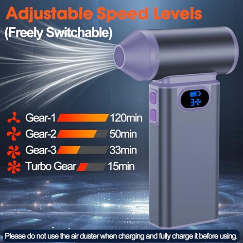 Metal Electric Compressed Air Duster, 300000RPM High Speed Rechargeable Air Blower&Pump for Leaf Blower with Digital Display, 4-Speed Modes-Brushless Motor Mini PC Dust Cleaner with Light(Argent) - color: Argent