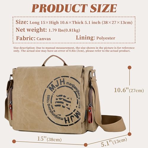 FSD.WG Satchel Messenger Bag for Men Canvas,Travel Shoulder bag 13.5" Laptop Bags - color: Khaki
