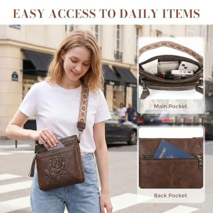 Vegan Leather Purses for Women, Daily Travel Crossbody Bags | Small Multi-Pocket Shoulder Bag with Adjustable Boho Wide Strap - color: Coffee