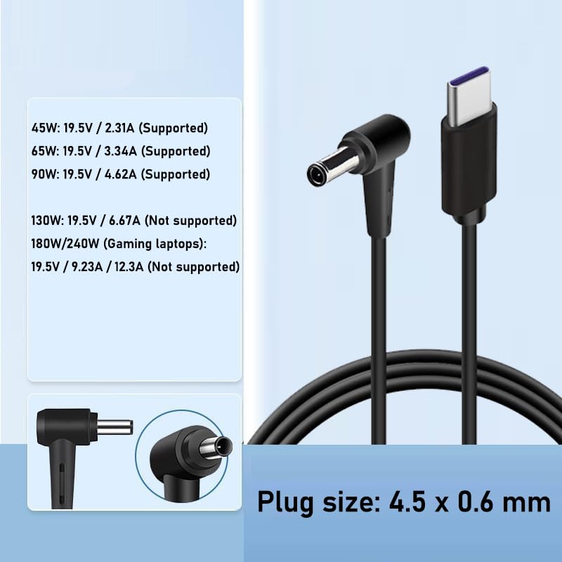 100W PD Power Charger Tip USB C to Slim Laptop Charging Cable Adapter Converter for Dell Laptop 18-20V (Dedicated for Dell (for 45W/65W/90W Power), 4.5 * 0.6mm Small Head) - size: 4.5*0.6mm small head