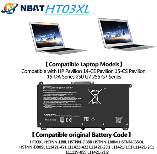 HTO3XL HT03XL L11119-855 Laptop Battery for HP Spare Pavilion 15-da0xxx 15-cs0xxx 15-cs3073cl 15-cs3153cl 15-cs1065cl 15-da0014dx 15-da012dx 15-db0011dx 17-by0053cl 14-dk1013dx 15-cs0053cl - size: 11.26 x 4.53 x 1.46 inches