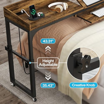 Tribesigns Height Adjustable Overbed Table with Wheels, Queen Size Over Bed Desk with Adjustable Tilt Stand, Mobile Laptop Cart Computer Desk with Outlets & USB Ports (Rustic Brown) - color: Rustic Brown