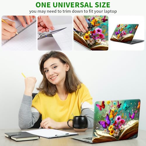 Laptop Skin Sticker Decal, Universal Protective Cover Fit 12 13 14 15.6 Inch Notebook, Reusable Water-Resistant Vinyl Decal w/ 2 Wrist Pads for Business Travel, Books Flowers Butterflies - color: Books Flowers Butterflies