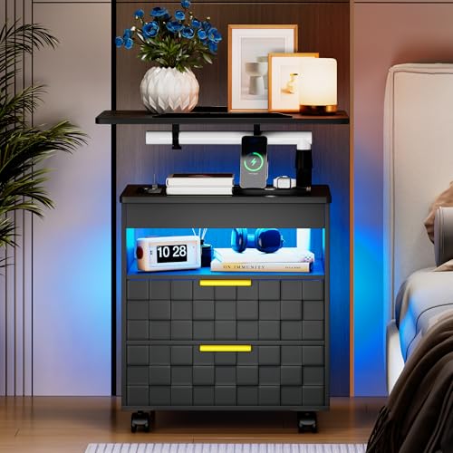 Lareth Rolling Nightstand with Wheels, LED Lights, Charging Station | Height Adjustable, Bedside Table 2 Drawers, Smart Wooden End Table Dorm Side Table Laptop Workstaion, Bedroom, Black - color: A Black