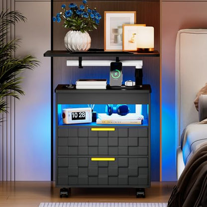 Lareth Rolling Nightstand with Wheels, LED Lights, Charging Station | Height Adjustable, Bedside Table 2 Drawers, Smart Wooden End Table Dorm Side Table Laptop Workstaion, Bedroom, Black - color: A Black