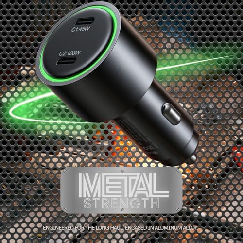 Esoulk145W USB C Car Charger Dual Port Cigarette Lighter Phone Charger | 145W fast dual USB-C car charger, includes 6ft 100W braided USB-C cable, charges 2 phones, tablets, or laptops.