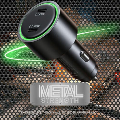 Esoulk145W USB C Car Charger Dual Port Cigarette Lighter Phone Charger | 145W fast dual USB-C car charger, includes 6ft 100W braided USB-C cable, charges 2 phones, tablets, or laptops.