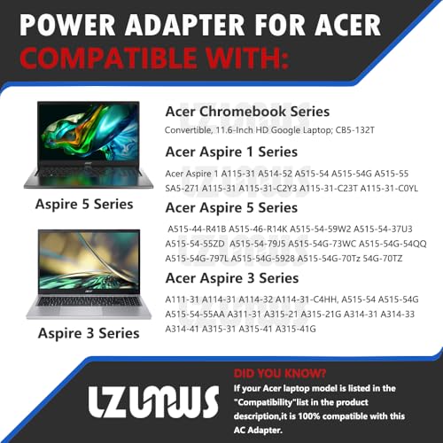 45W AC Adapter for Acer Laptop Chanrger 19V 2.37A 3.0x1.1mm Compatible with Acer Chromebook Aspire Swift 1/3 /5 Series Replacement Power Supply Cord
