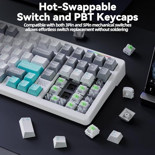 LINGBAO K98 96% Mechanical Creamy Wireless Gaming Keyboard With Number Pad | BT5.0/2.4G/USB-C, Gasket Custom Hot-Swappable Keyboard, 10000mAh Battery, RGB Backlit, Creamy Sound for Windows Mac PC Gamers - color: K98 | 10000mAh | White Blue Grey