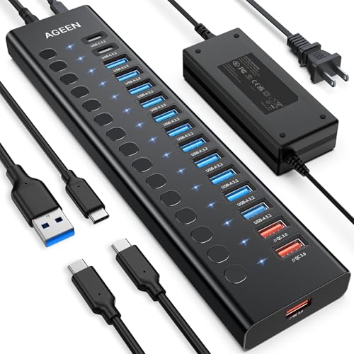 Powered USB Hub, AGEEN 16-Port USB 3.2 Hub (14 USB-A+2 USB-C), 10Gbps | 11*USB-A 3.0, 3*QC 24W Fast Charging, 2*USB-C 3.0, Plug & Play, Aluminum, 96W Power Adapter for PC, Laptop, HDD, Flash Drive