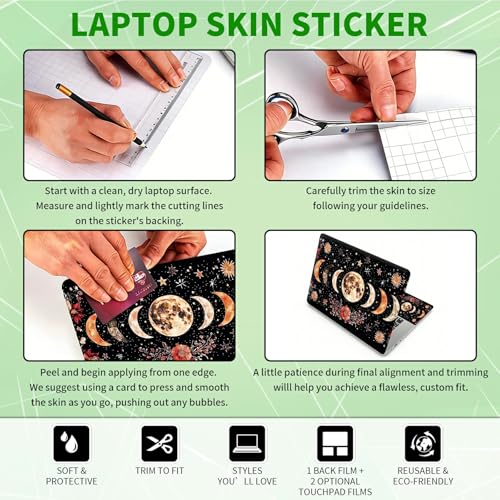 Laptop Skin Sticker Decal, Universal Protective Cover Fit 12 13 14 15.6 Inch Notebook, Reusable Water-Resistant Vinyl Decal w/ 2 Wrist Pads for Business Travel Office, Moon Flower Black - color: Moon Flower Black