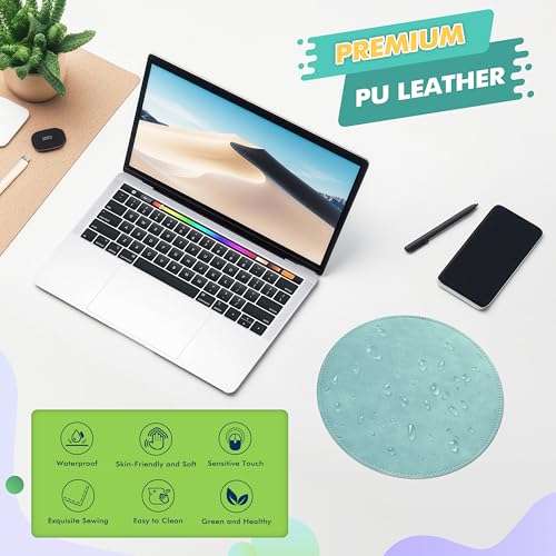 Mouse Pad，Round Mouse Pad，PU Mouse Pad，Leather Mouse Pad with Stitched Edge Micro-Fiber Base with Non-Slip Waterproof，Mouse Pad for Computers，Laptop，9 x 9 Inch (Light Blue) - color: Light Blue, size: 9L x 9W inches