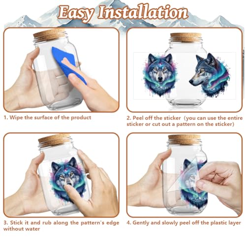 Peacoblue UV DTF Cup Wraps Transfer Stickers Wolves with Dreamcatchers and Mountains Pattern, 10 Sheets Waterproof Custom Transfer Sticker 16oz Coffee Glass Tumbler Bottle Mug Decals for Men Women - style: Wolves with Dreamcatchers and Mountains