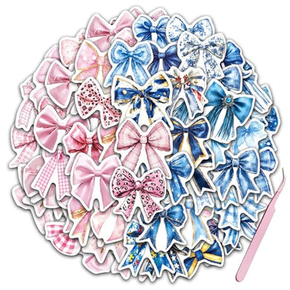 for iPad Case with 100 Pcs Cute DIY Bow Tie Vinyl Laptop Stickers Tweezers Decals, Waterproof Aesthetic Stickers Suitable for Phone, Water Bottles, Cups, Suitcases, Anywhere- Pink/Blue Bow - color: Pink /Blue Bow