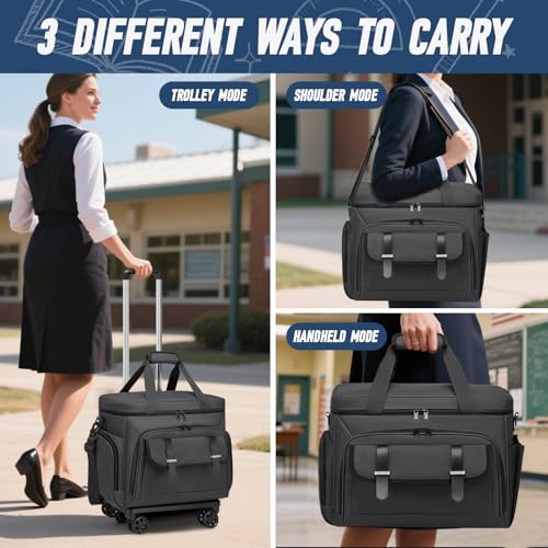 RUCYEN Rolling Teacher Tote Bag for Women Men,Large Tote Bag With Detachable Wheels Trolley,15.6 Inch Laptop Wheeled Teacher Bag for Work Office - color: Black