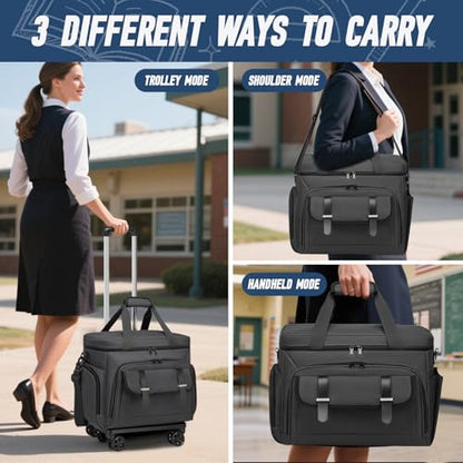 RUCYEN Rolling Teacher Tote Bag for Women Men,Large Tote Bag With Detachable Wheels Trolley,15.6 Inch Laptop Wheeled Teacher Bag for Work Office - color: Black