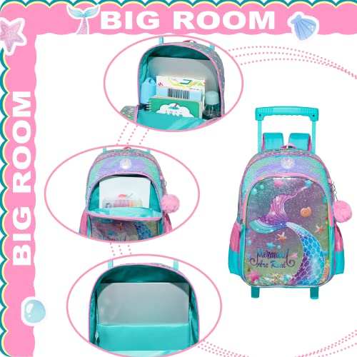 Mermaid Rolling Backpack for Girls with Lunch Box Kids Backpack with Wheels for School Sequin Rolling Backpacks for Kindergarten Girls Trolley Trips Kids Luggage - color: Blue Mermaid
