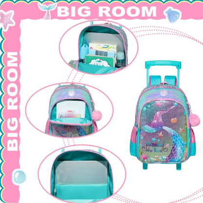 Mermaid Rolling Backpack for Girls with Lunch Box Kids Backpack with Wheels for School Sequin Rolling Backpacks for Kindergarten Girls Trolley Trips Kids Luggage - color: Blue Mermaid