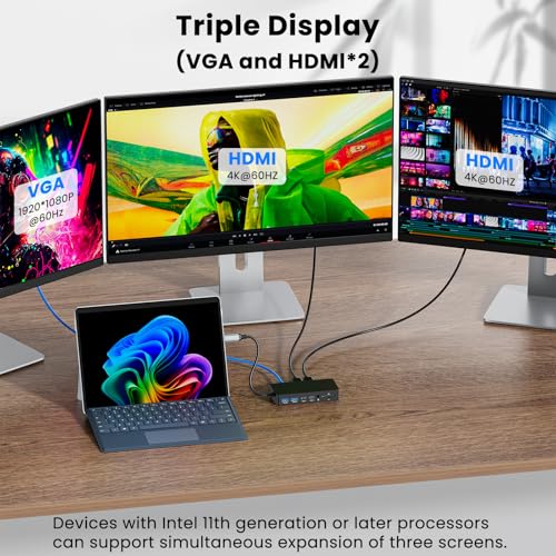 Surface Thunderbolt 4 Dock Triple Displays 4K HDMI*2+VGA, 12 in 1 Surface Pro Docking Station with 100W Power Adapter for MS Surface Pro 12/11/10/9/8/X/7+/7,Laptop 7/6/5/4/3,Laptop Go,Studio