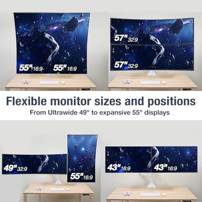 AVLT Dual Monitor Arm 57" Pole Top Mount with USB-C & A – White | Heavy-duty Stacking arm; Height Adjustable; Top C-clamp/Grommet w/ Reinforcement Plates; VESA 200/100/75mm. - color: White