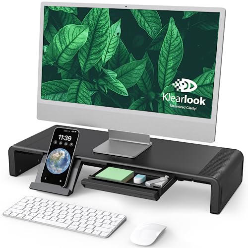 Klearlook Computer Monitor Stand for Desk, Adjustable Foldable Monitor Riser with Storage Drawer & Tablet Phone Holder for Office, Home, Laptop, Desktop (Black) - color: Black