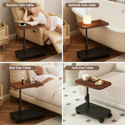 Adjustable Height TV Tray Table with Wheels, C Shaped End Side Table & Phone Tablet Slot, Swivel Snack Stand for Couch, Sofa, Bed,Living Room, Laptop Use in Small Spaces (Walnut) - color: Walnut