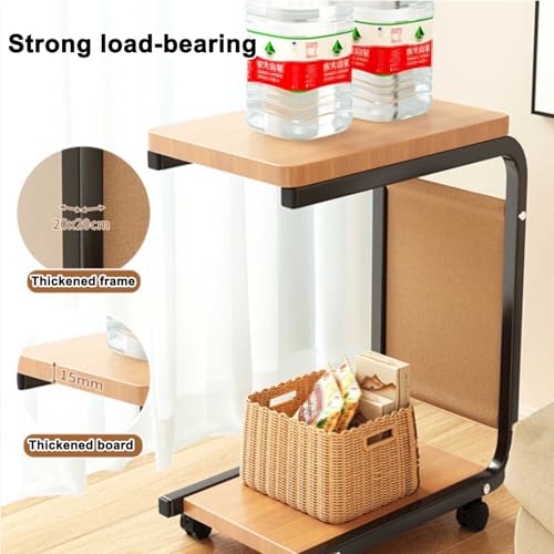 Over Bed Table with Wheels Movable Sofa Side Table with Storage Pockets Space-Saving C-Shaped Side Table with Solid Wood Tabletop for Living Room, Bedroom(White) - color: White