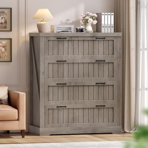 SEDETA Farmhouse 4 Drawer File Cabinet, Filing Cabinet for Home Office, Wood Office File Cabinets for Letter/Legal/A4 Size, File Cabinet Organizer with Printer Stand for Study Room, Living Room, Grey - color: Grey, size: 4 Drawers