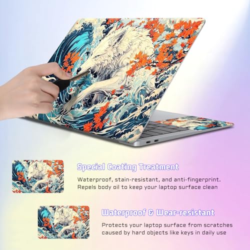 Universal Laptop Skin Sticker Decal, Compatible with MacBook HP Dell Lenovo 12"-15.6", Reusable Vinyl Notebook Cover 3PCS Set, High-Recognition Film-White Wolf in the Waves - color: White wolf in the waves