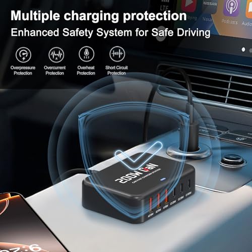 Multi Ports USB Laptop Car Charger, Fast Charge 200w PD3.0 Adapter Compatible with MacBook pro/Lenovo Thinkpad/Dell inspiron/Surface Pro/HP, Cell Phones Tablets and Other USB Devices