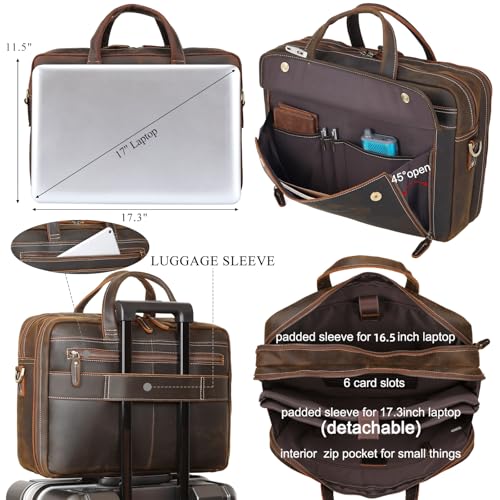 Masa Kawa Leather 15.6" & 17" Laptop Briefcase Men Business Messenger Bag | Full Grain Cowhide Business Travel Office Work Crossbody Shoulder Professional Attache Case for 2 Computers - color: Coffee Color-fits 17" Laptop