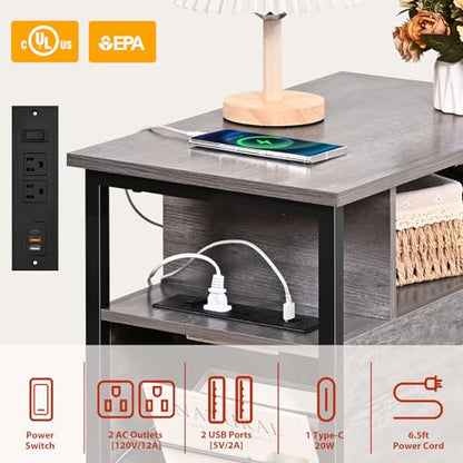 Side Table, Gray End Tables with Charging Station, Narrow End Table with Wooden Drawers, USB Ports and Power Outlets, Nightstand and Bedside Table, Side Table Living Room, Bedroom - color: Light Gray