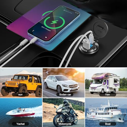 12V USB Outlet Aluminum Car Charger PD65W Port for Laptops, Quick Charge 3.0 USB Port for Car, Built-in Boost 15V 20V Output Socket Waterproof with Voltmeter and Switch for RV Marine Boat, etc